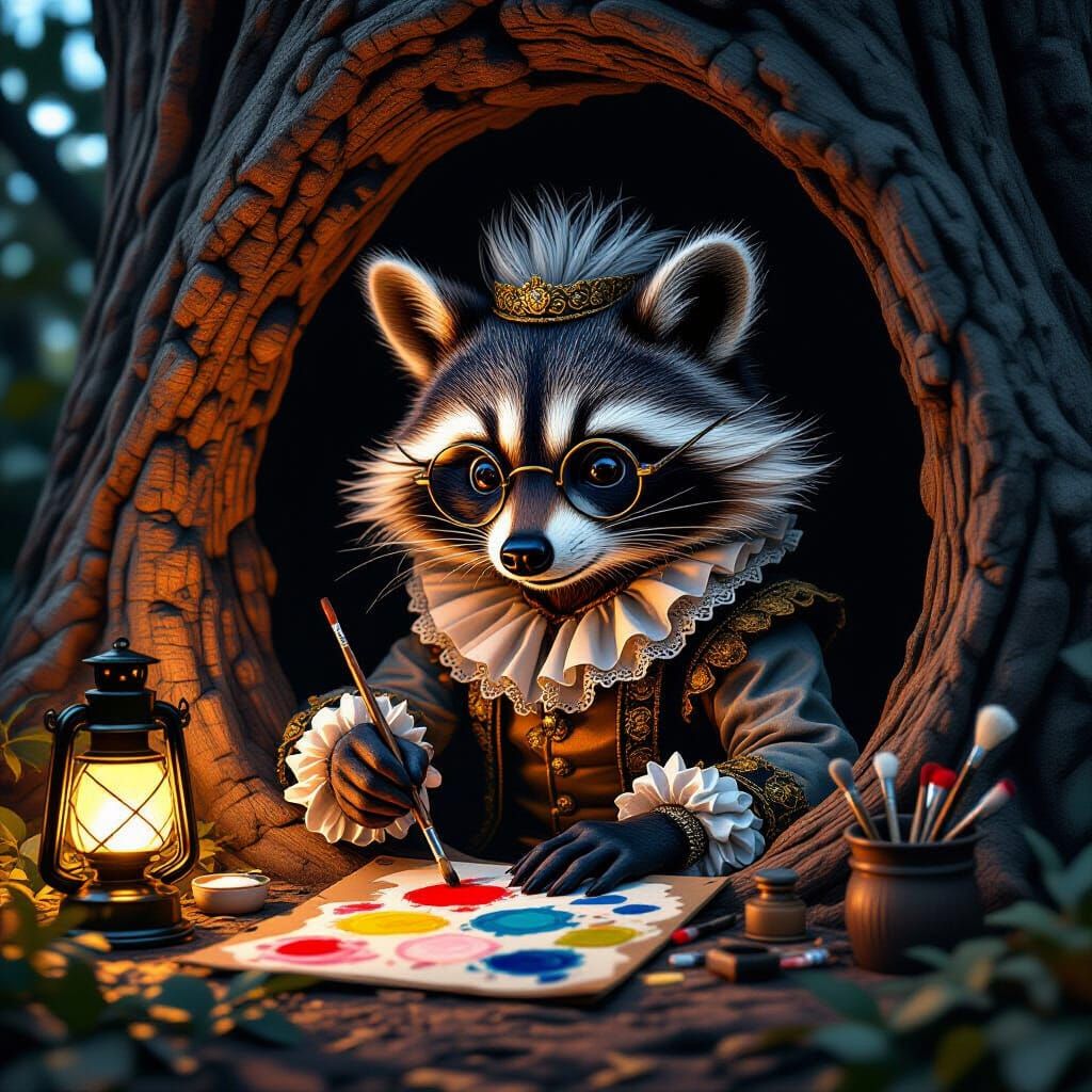 A mischievous raccoon in a miniature baroque outfit, complete with a powdered wig and tiny spectacles, meticulously craf...