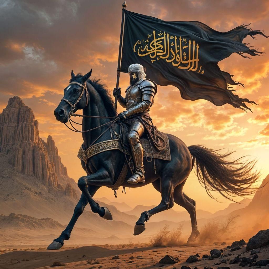Muslim Warrior on Horseback with Black Flag