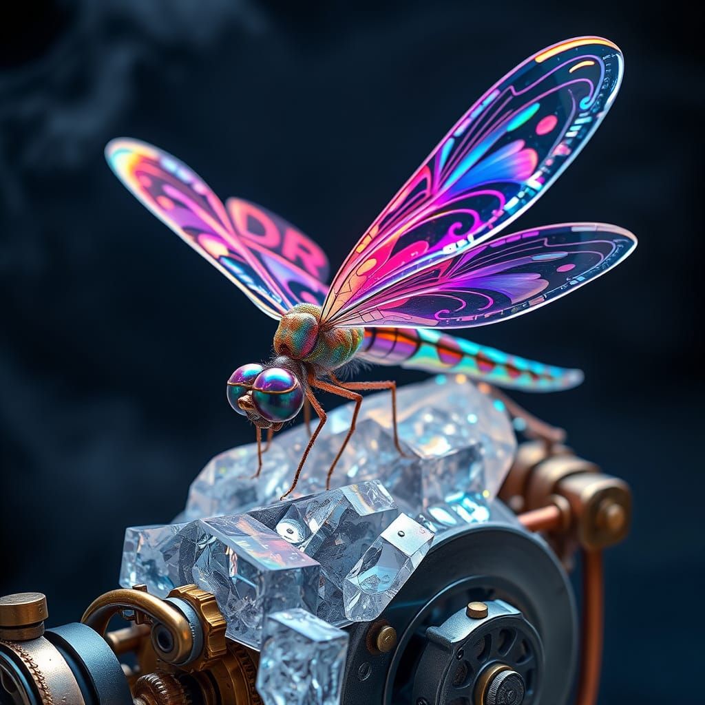 Iridescent Dragonfly of Crystal Ice in Vibrant Rainbow Color...