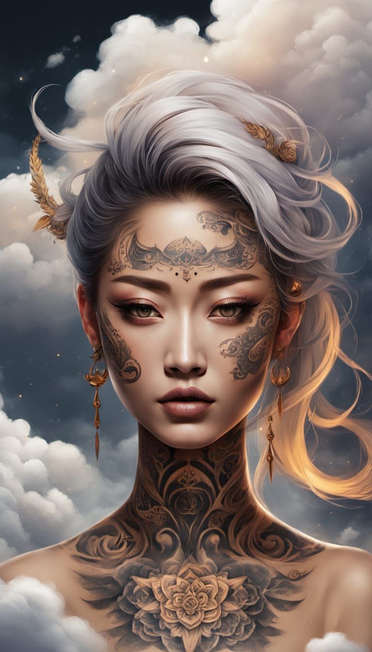 Tattooed Woman in Clouds: Dark Fantasy Ink Art