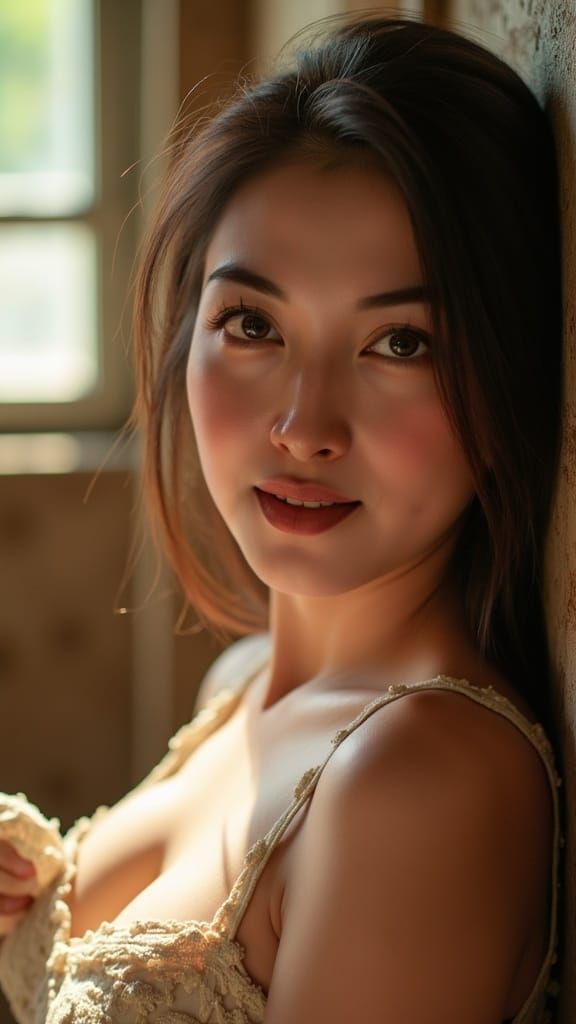 Hyperrealistic Woman Sunbathing Staring at Camera