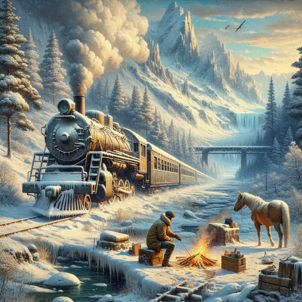 Abandoned Train in Snow: Impasto Style Painting