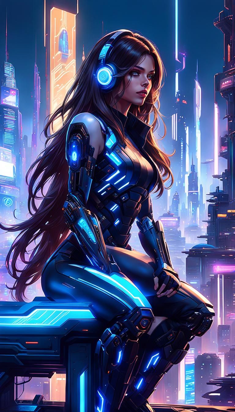 Cyborg Girl Gazing at Cyberpunk Cityscape