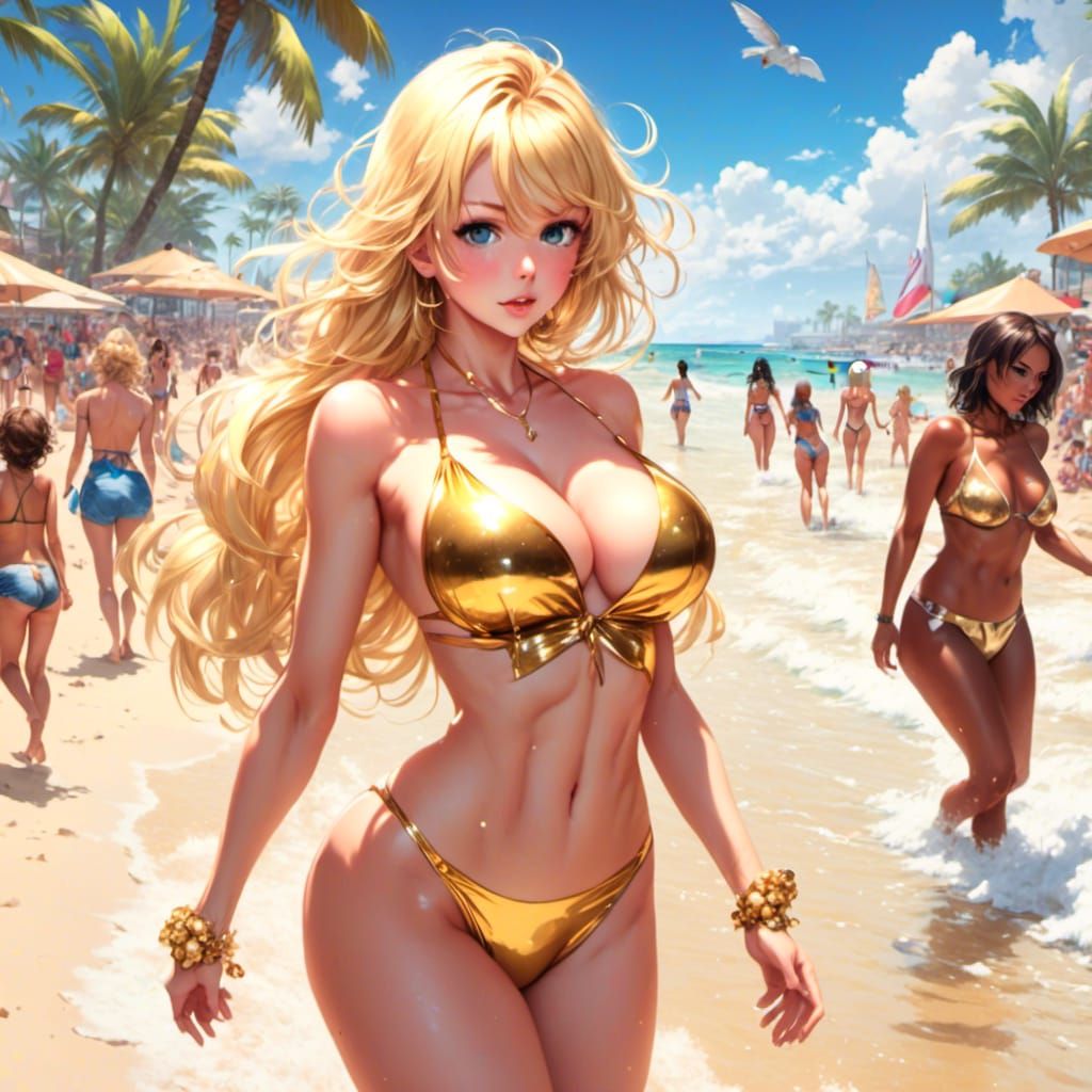A tall gorgeous anime style blonde babe in  gold bikini