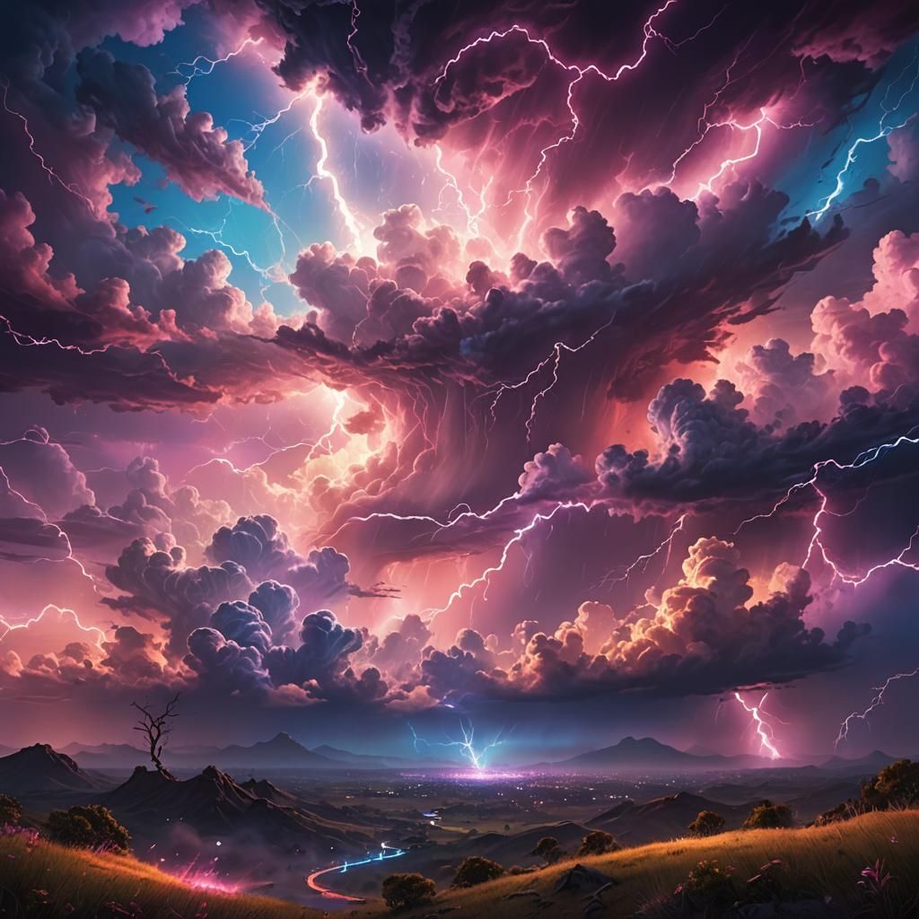 Neon Musical Storm in Fantasy Landscape