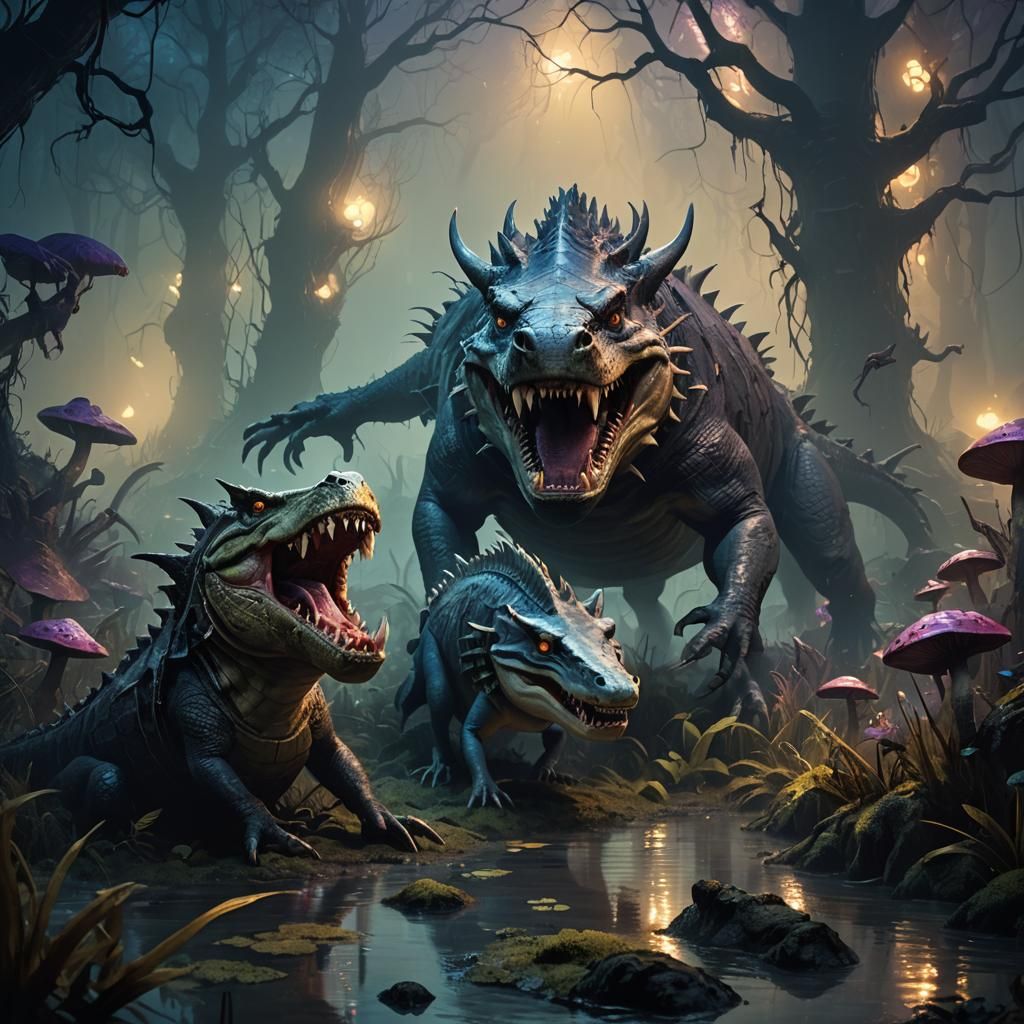 Boar-Crocodile-Shark Hybrid in Misty Swamp, Burtonesque