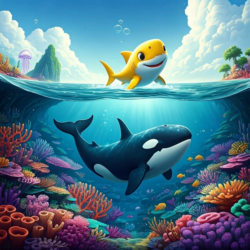 Whimsical Oceanic Wonderland with Cartoon Shark and Whale