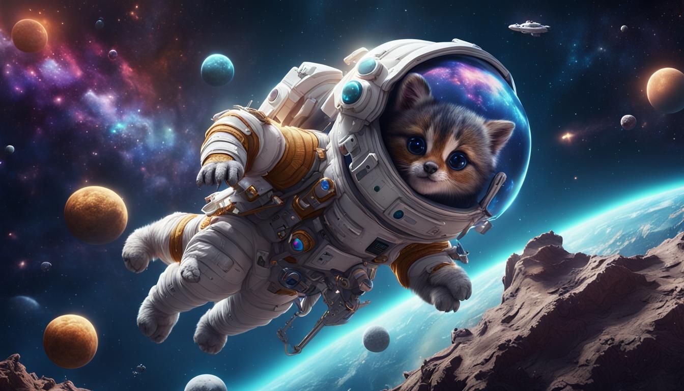 Adorable Baby Animals Explore Space in Digital Painting