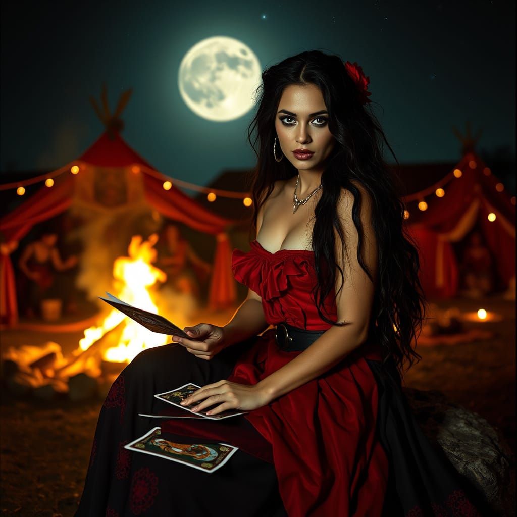 Mystical Gypsy Tarot Reader by Bonfire at Night