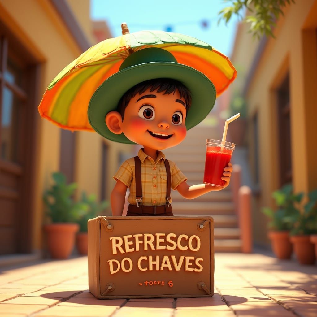 Boy Selling Refreshments in Sunny Mexican Courtyard