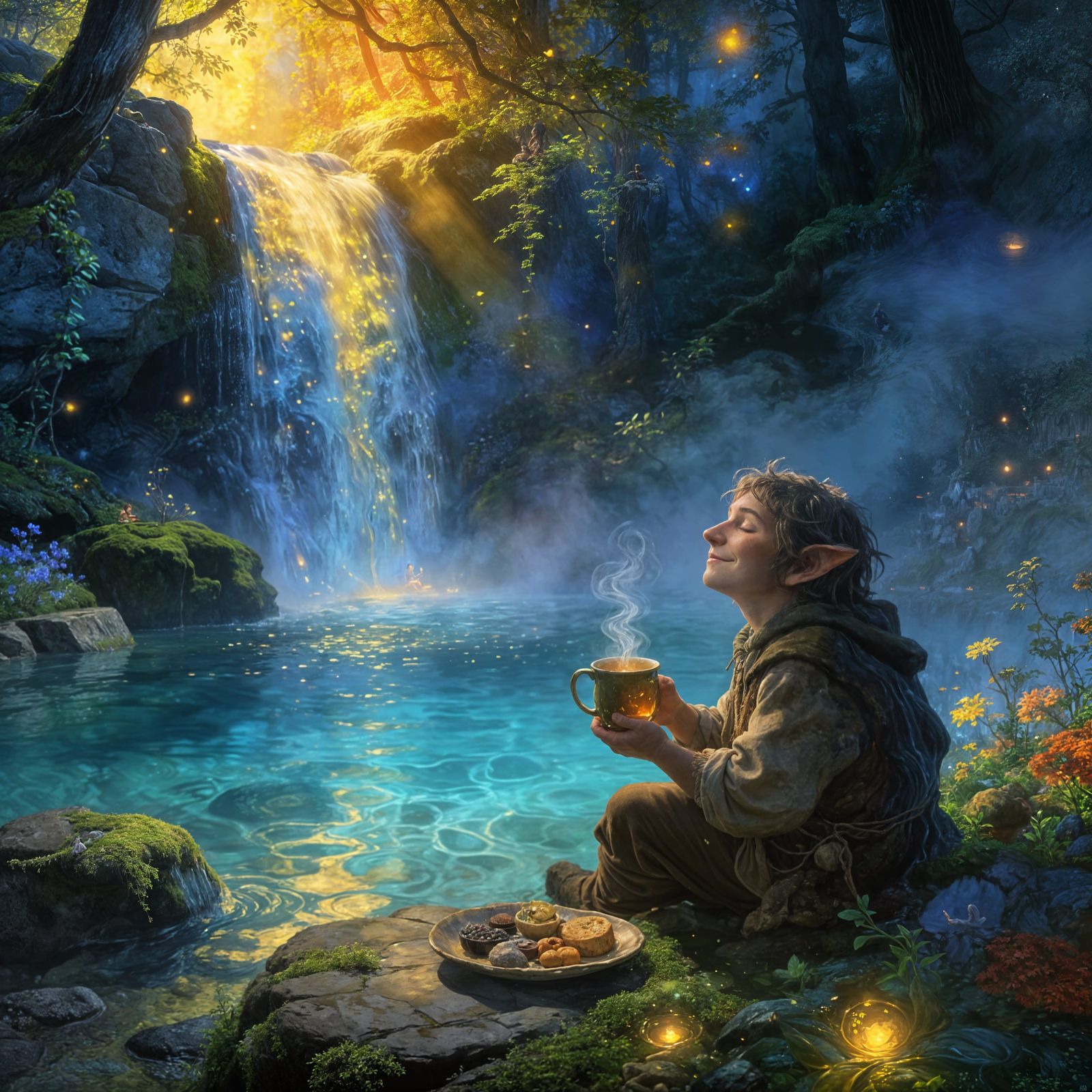Hobbit Enjoys Tea by Magical Waterfall