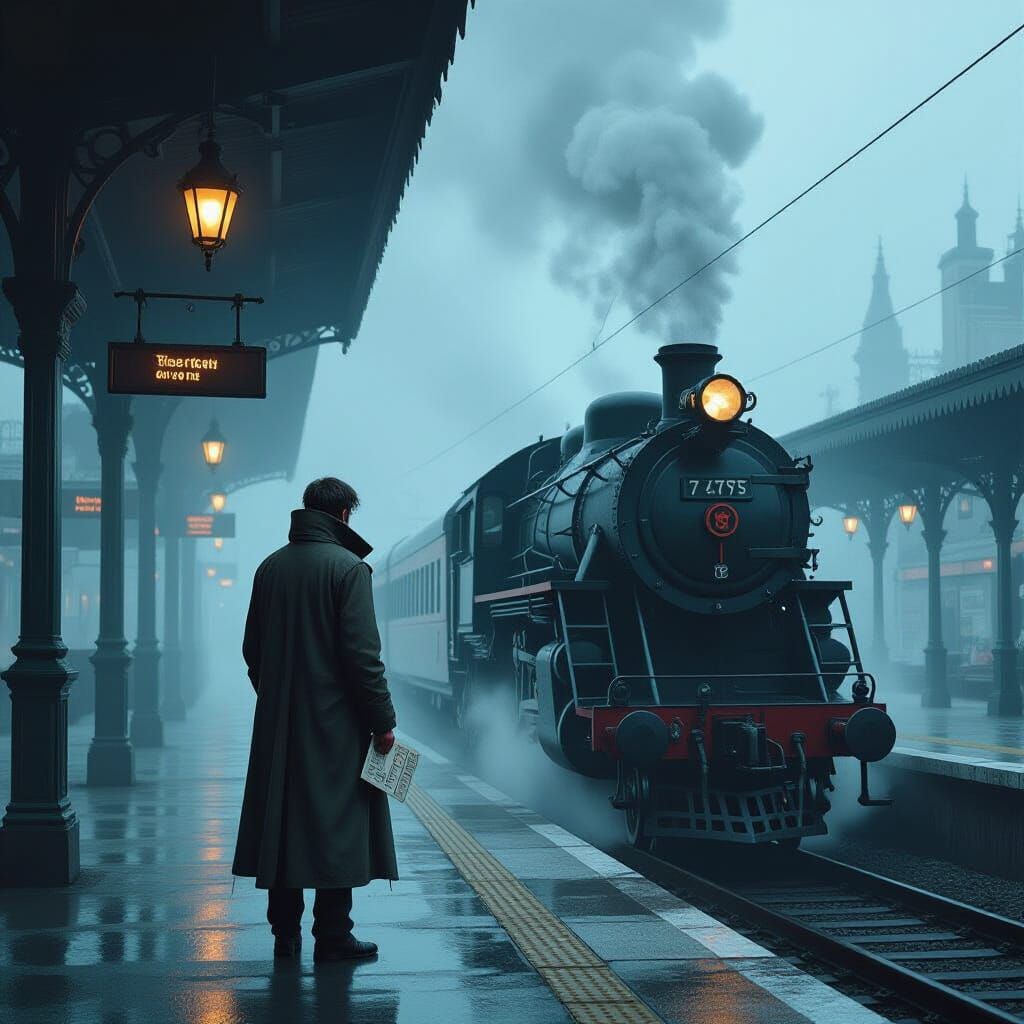 Lone Figure at Misty Station in Digital Art Style