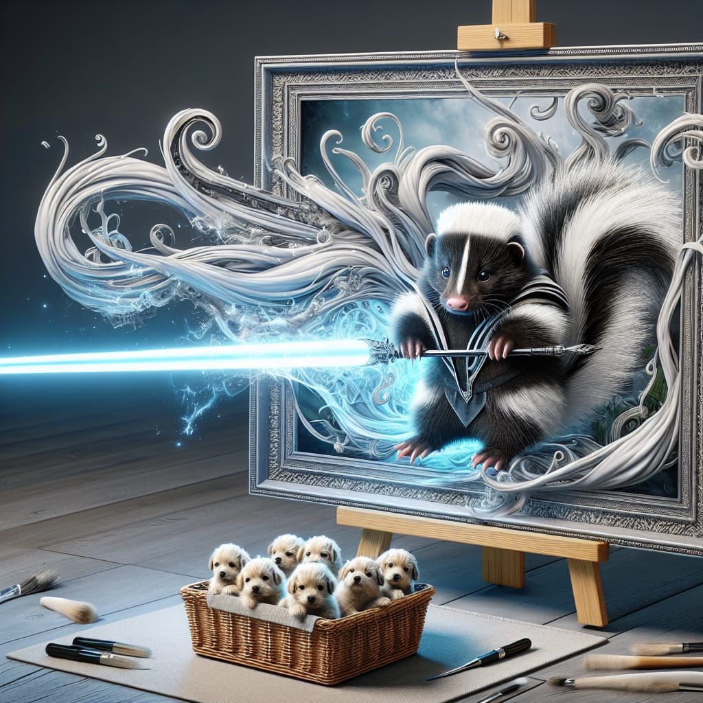 A masterpiece, I have not.  But here’s a Jedi skunk come to life over puppies in a basket!  That’s fun.