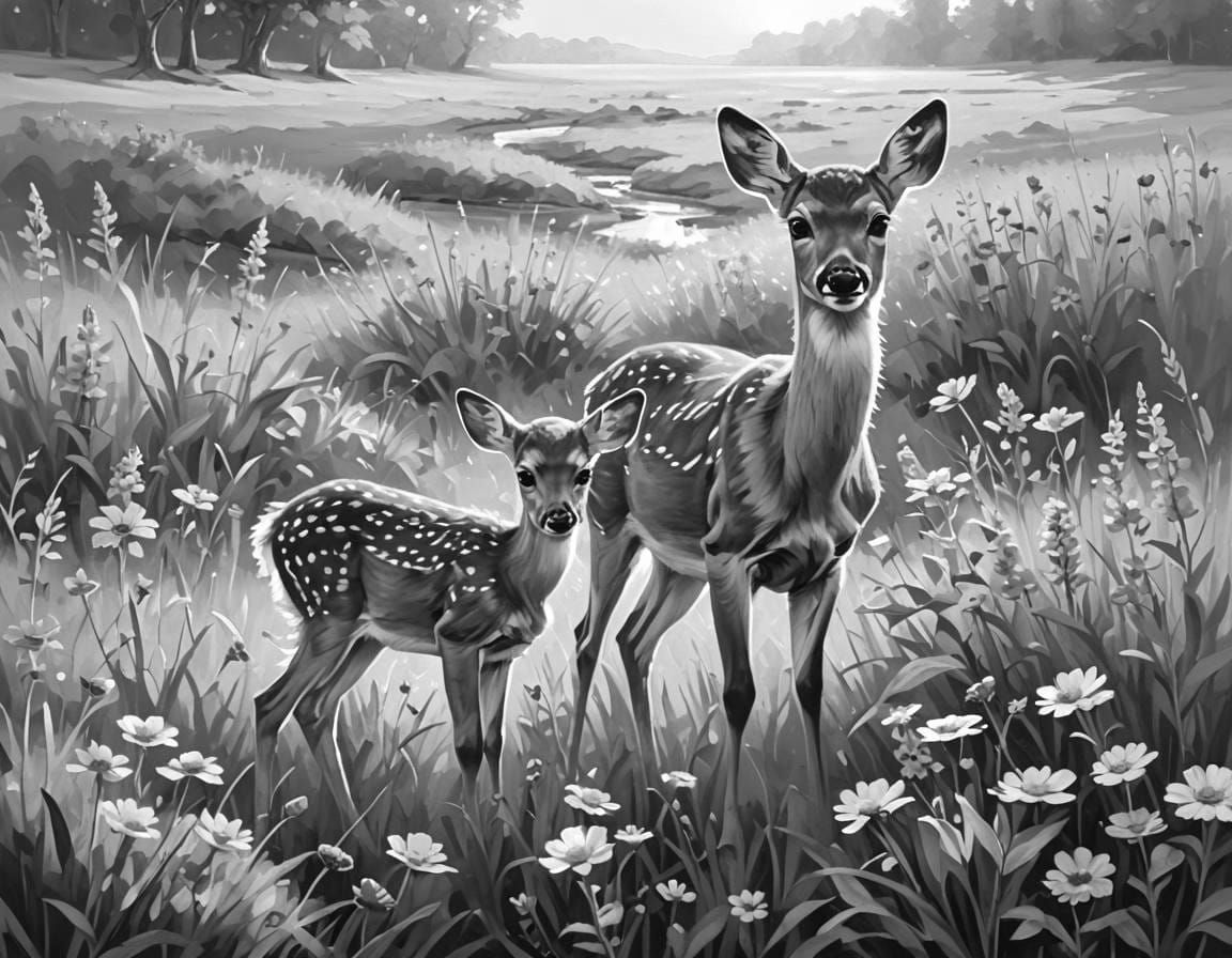 Golden Hour Oil Painting of Deer in Meadow