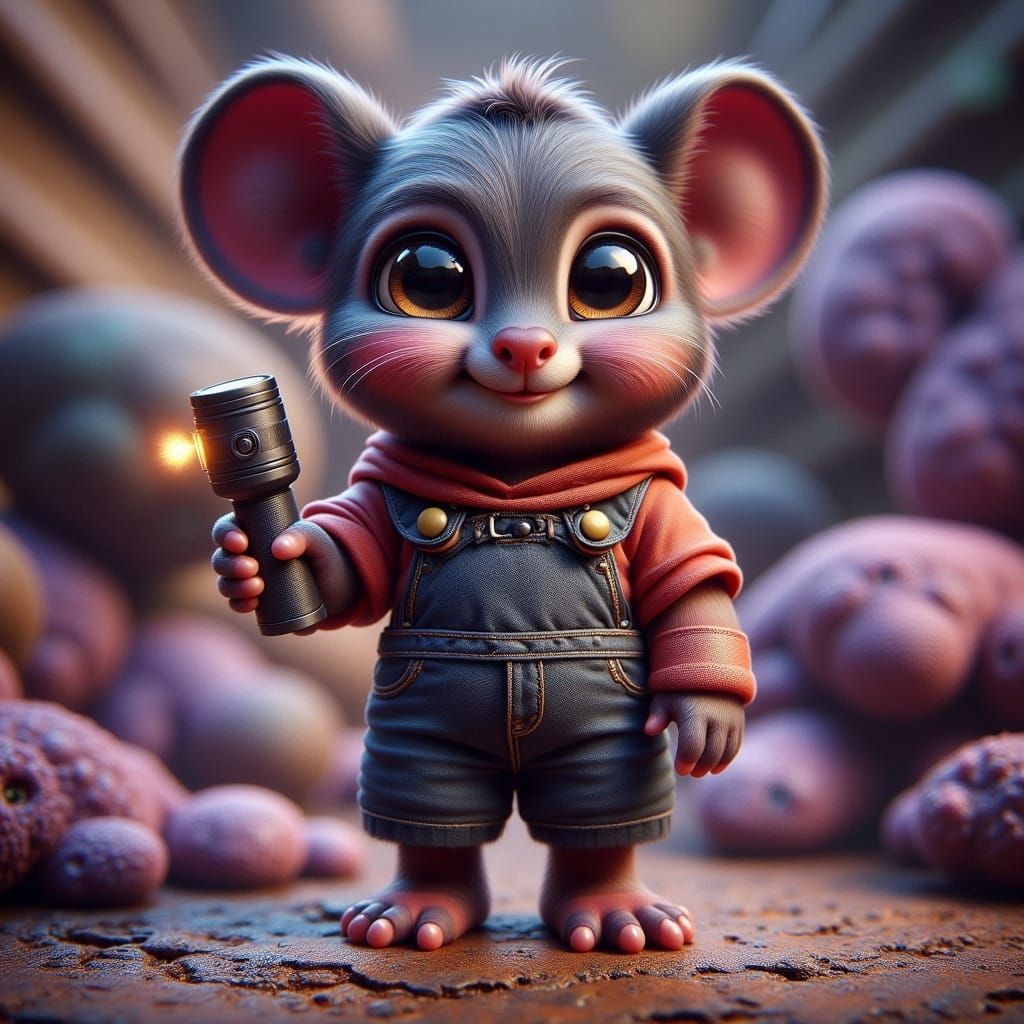 Whimsical Chibi Creature Amidst Vibrant Bismuth Fractals