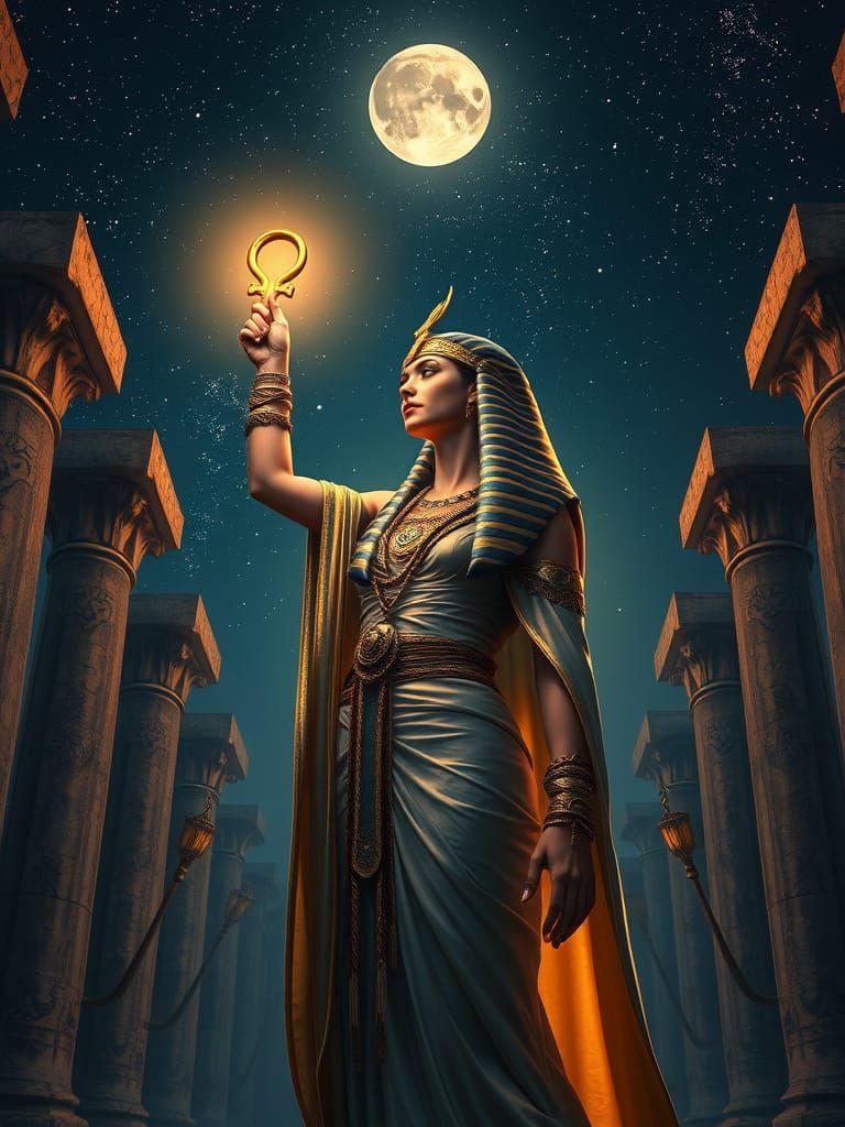 Mysterious Priestess in Starlit Egyptian Night