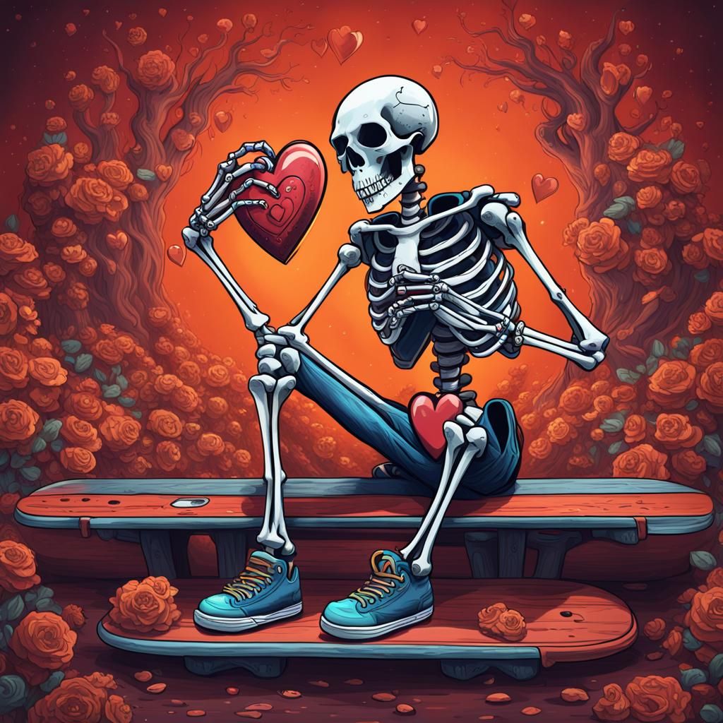 Skeleton Hands Holding Heart with Skateboarding Skeleton