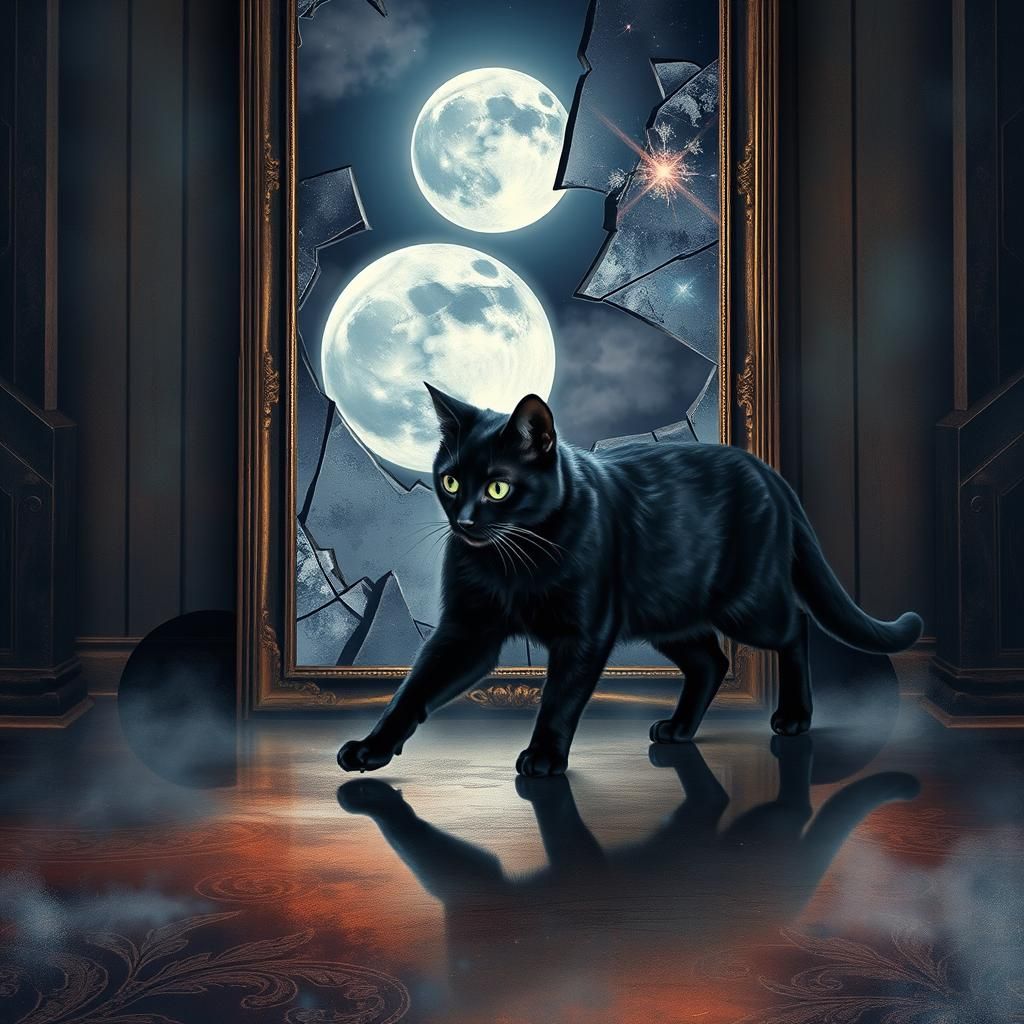 Black Cat and Broken Mirror in Digital Watercolor Art