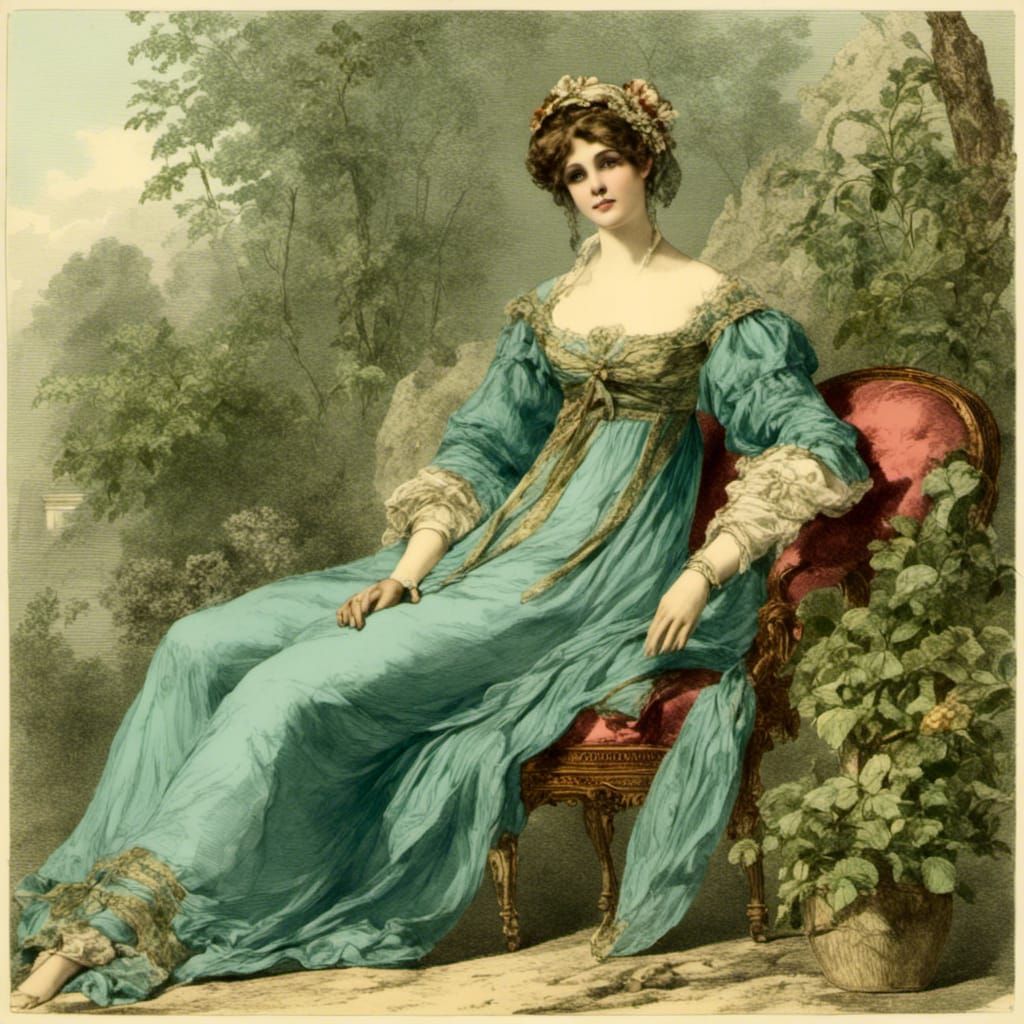 Elegant Woman in Regency Dress in Garden