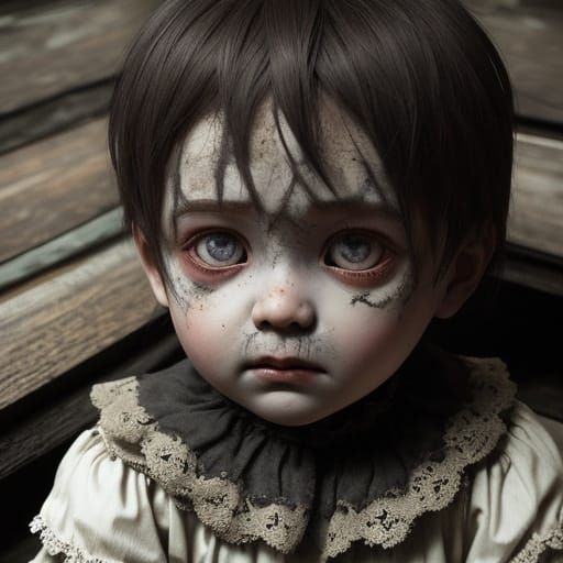 Creepy Doll in Dusty Attic, Childlike Drawing Style