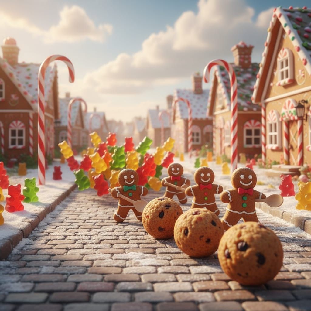Gingerbread Men Chase Fruit Cakes Down Road