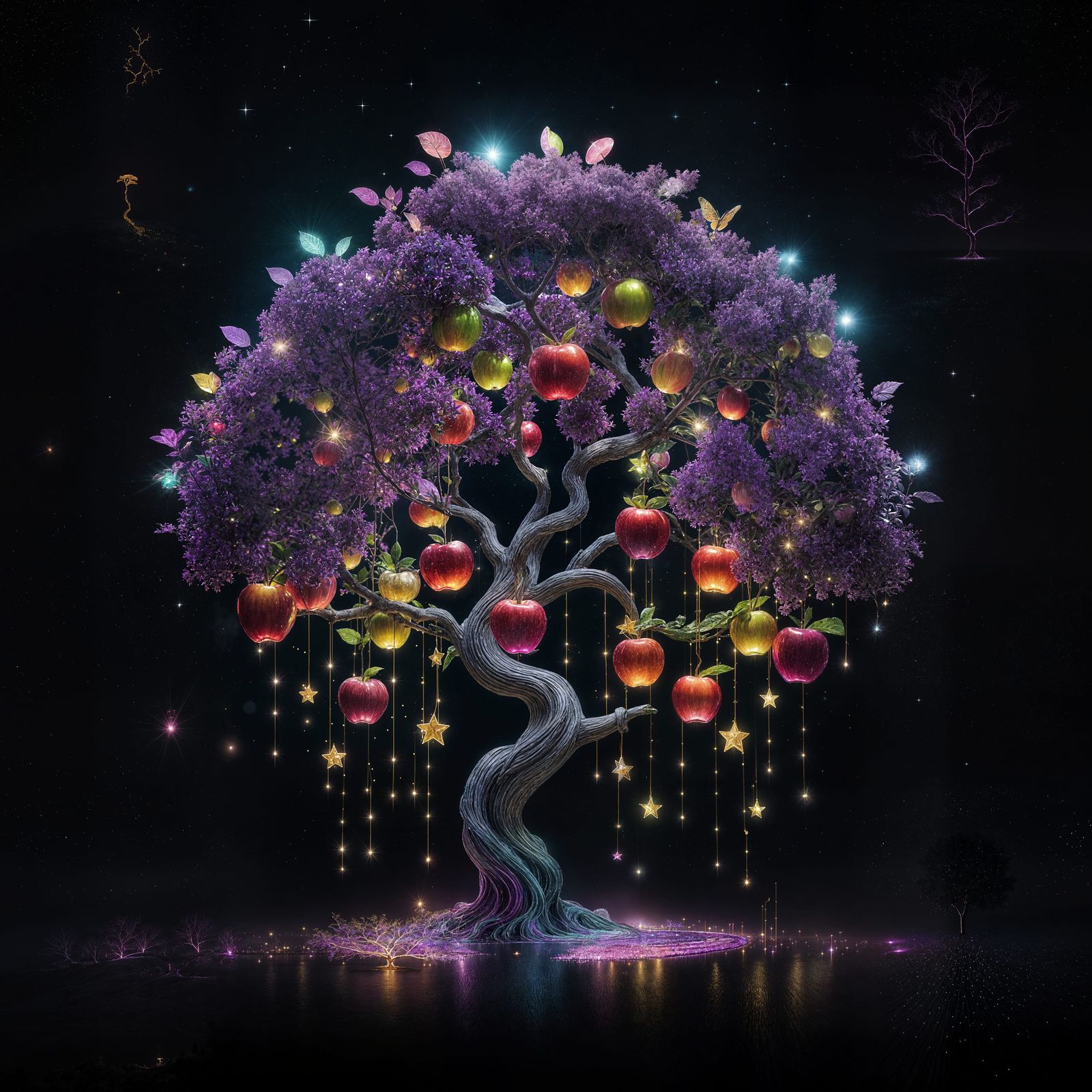 Magical Apple Tree with Glowing Glass Fruit and Starry Night