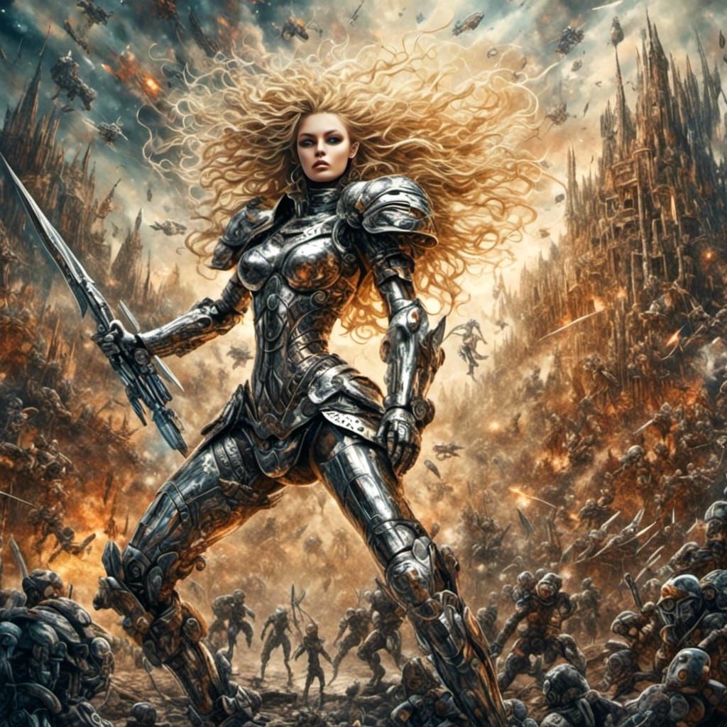 Cyborg Barbarella in Apocalyptic Watercolor Battle