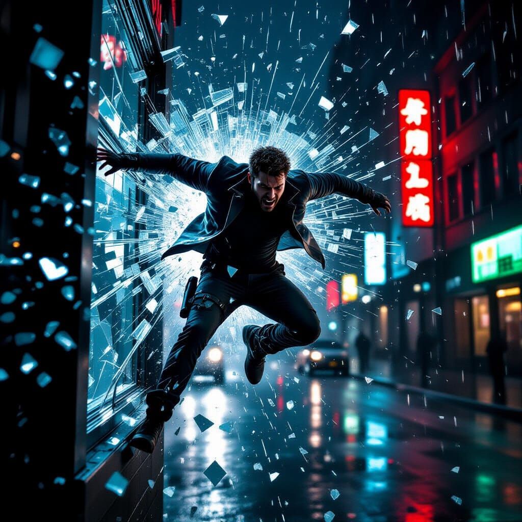 Hero Leaping from Shattered Window in Cinematic Style
