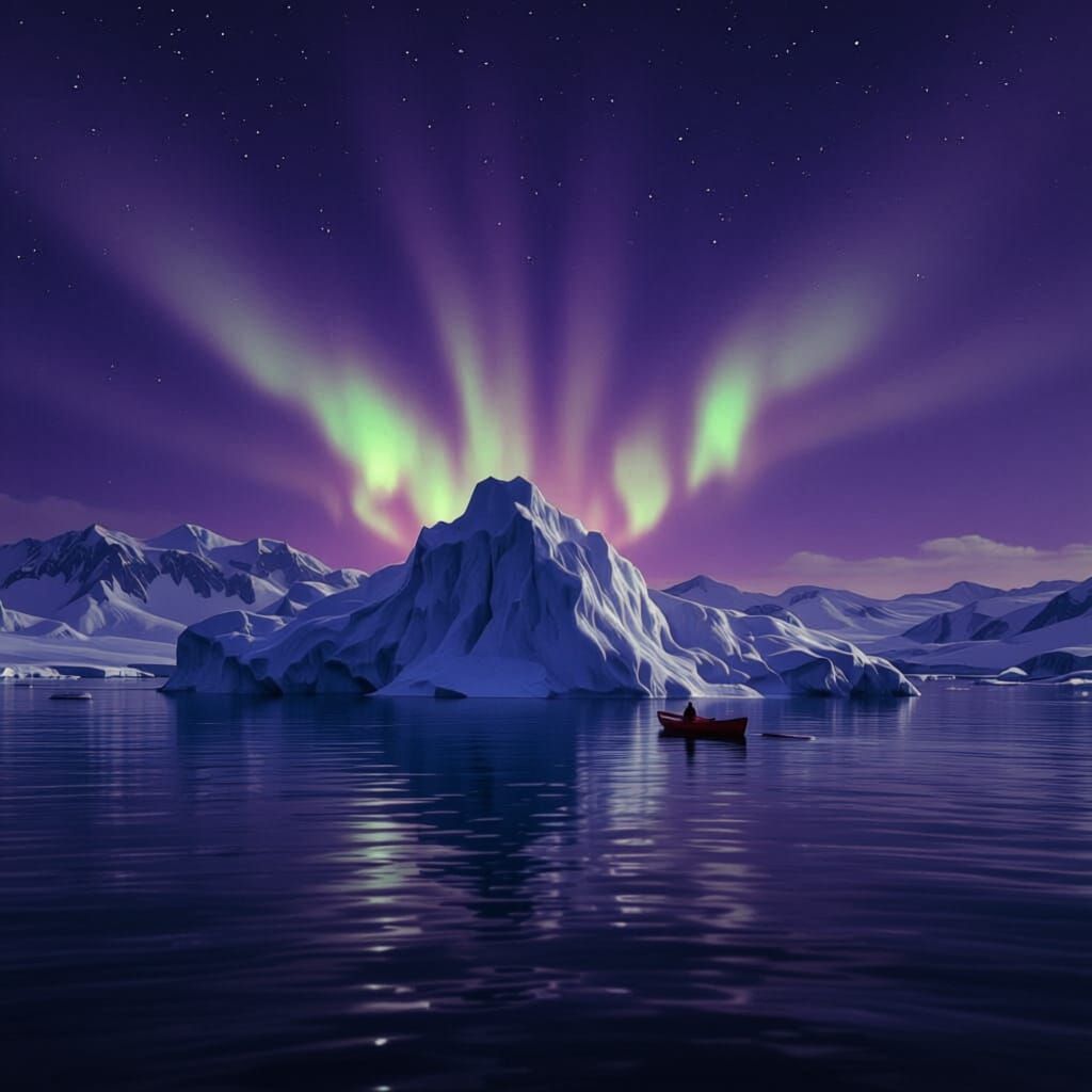 Majestic Iceberg and Red Boat in Arctic Glow