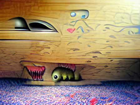 Cute Monster Hiding Under Bed: Surreal Art