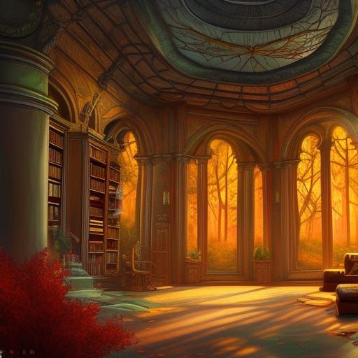 Cozy Library with Autumn Forest View