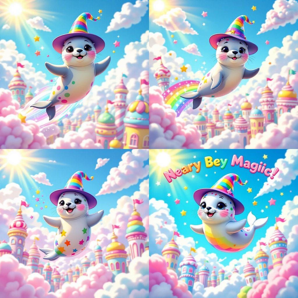 Baby Seal Wizard Soaring Over Candy City as Comic Art