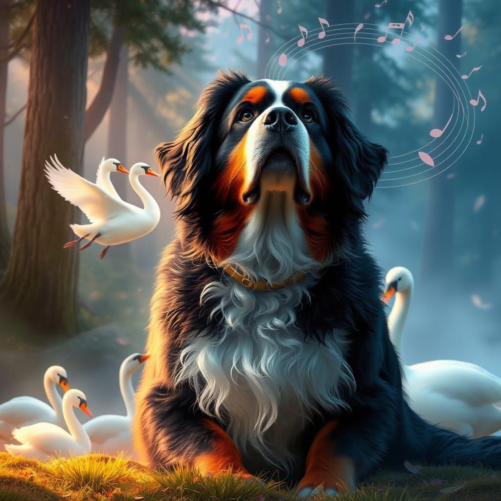 Majestic Bernese Mountain Dog Watches Enchanted Swan Dance