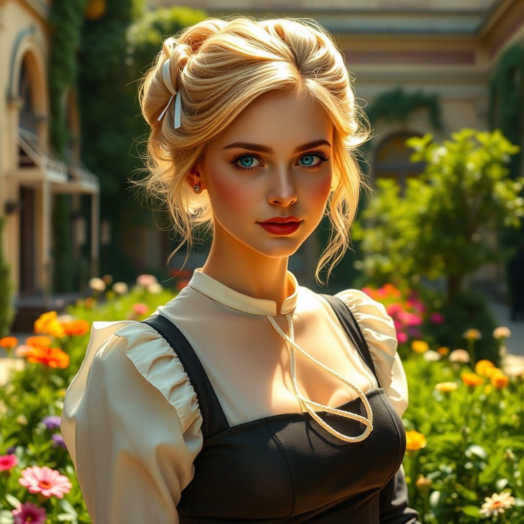 Elegant Breton Maid in Imperial Palace Courtyard, Inspired b...