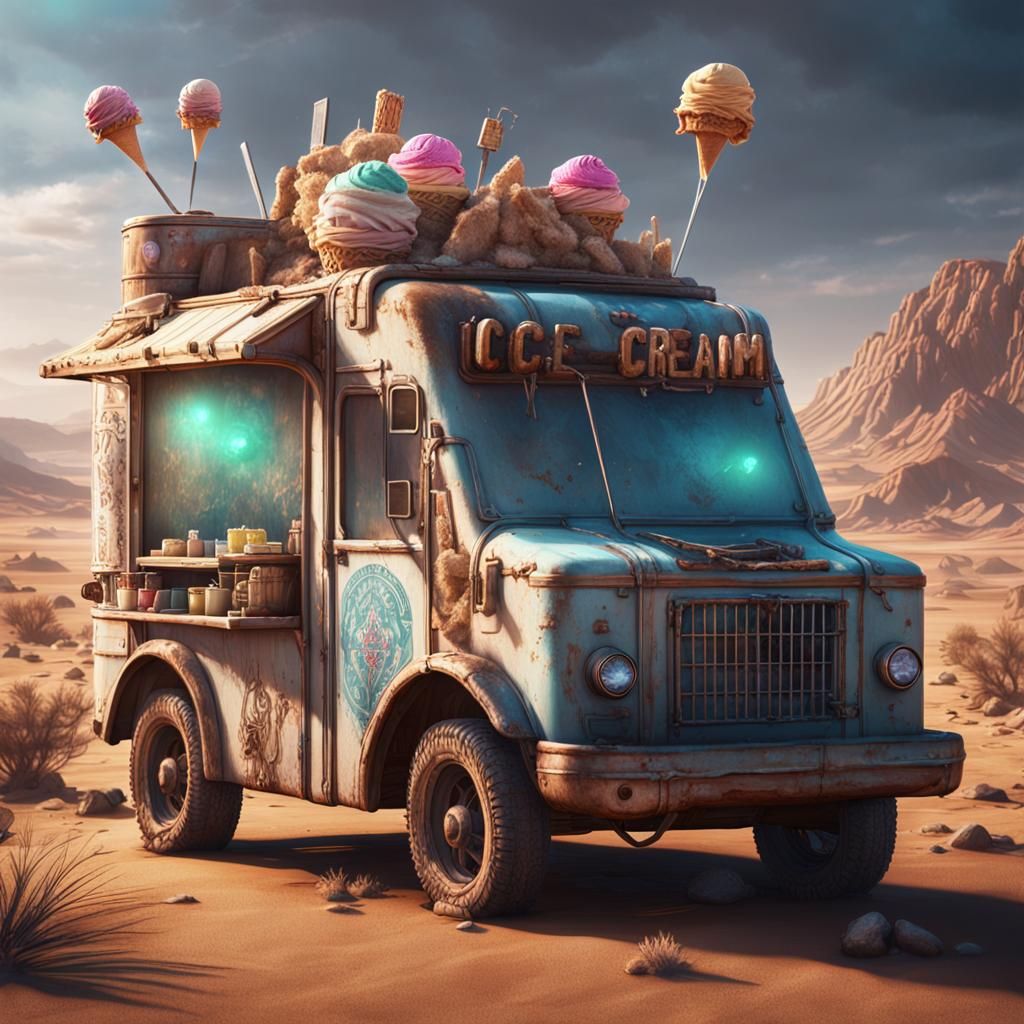 Cyberpunk Ice Cream Truck in Post-Apocalyptic Desert