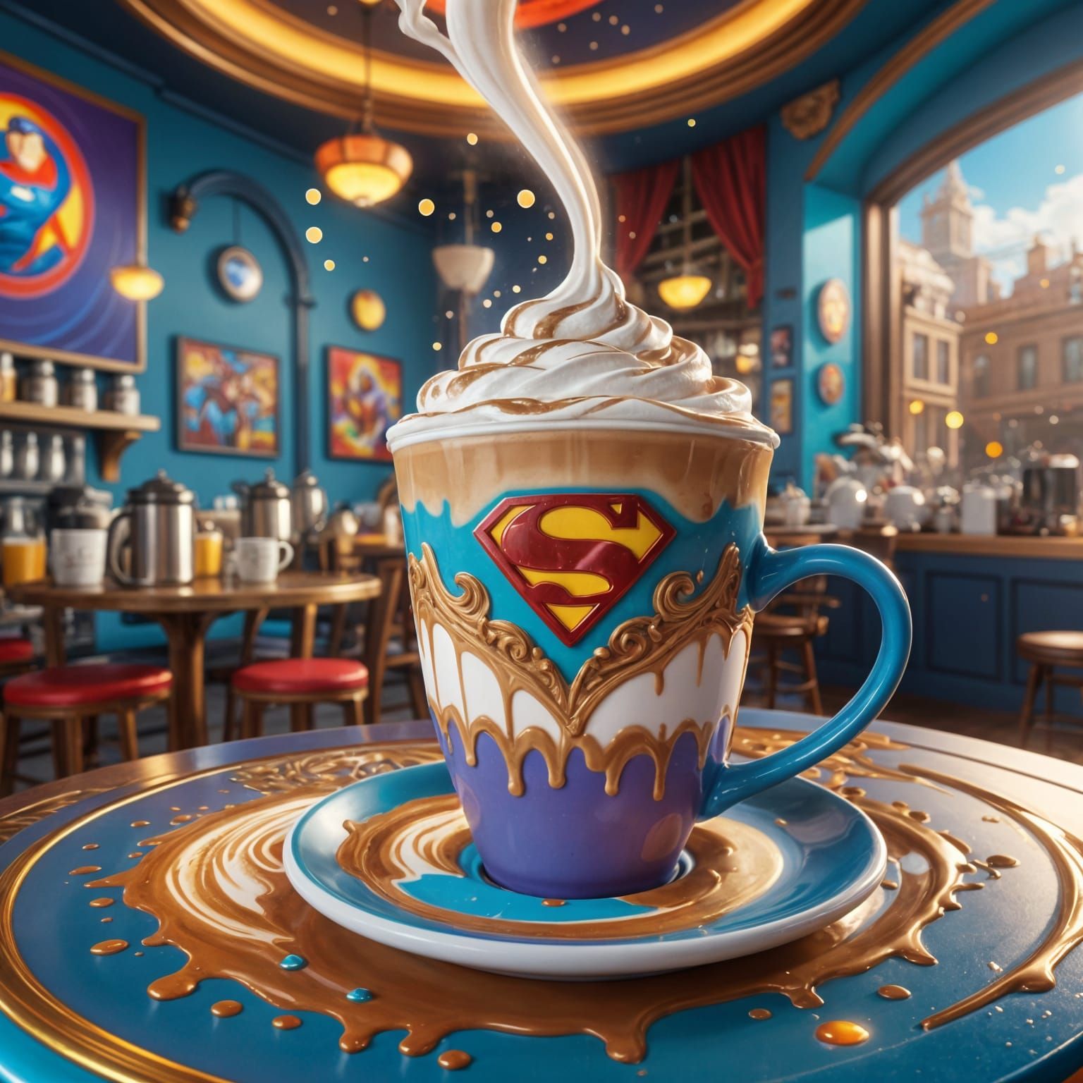 Cinematic Coffee Latte Extravaganza with Superhero Flair
