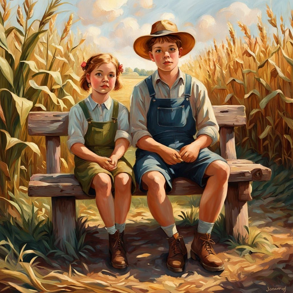 Children in Cornfield: Impressionistic Farm Portrait