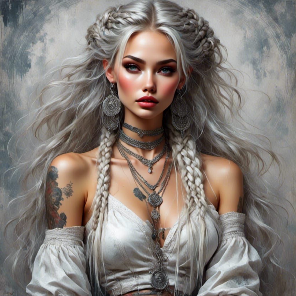 Goddess of Love with Silver Braids in Grunge Style