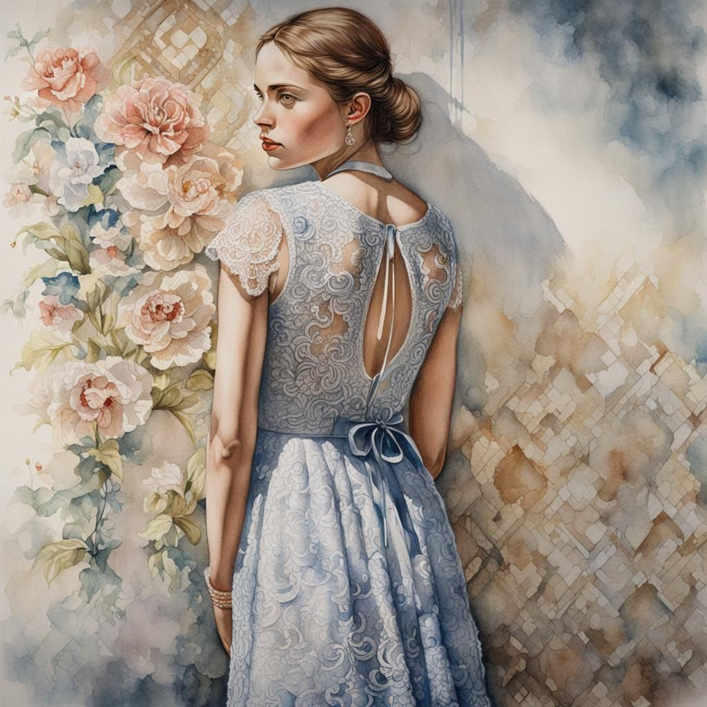 Watercolor Portrait of a Young Woman in Lace Dress