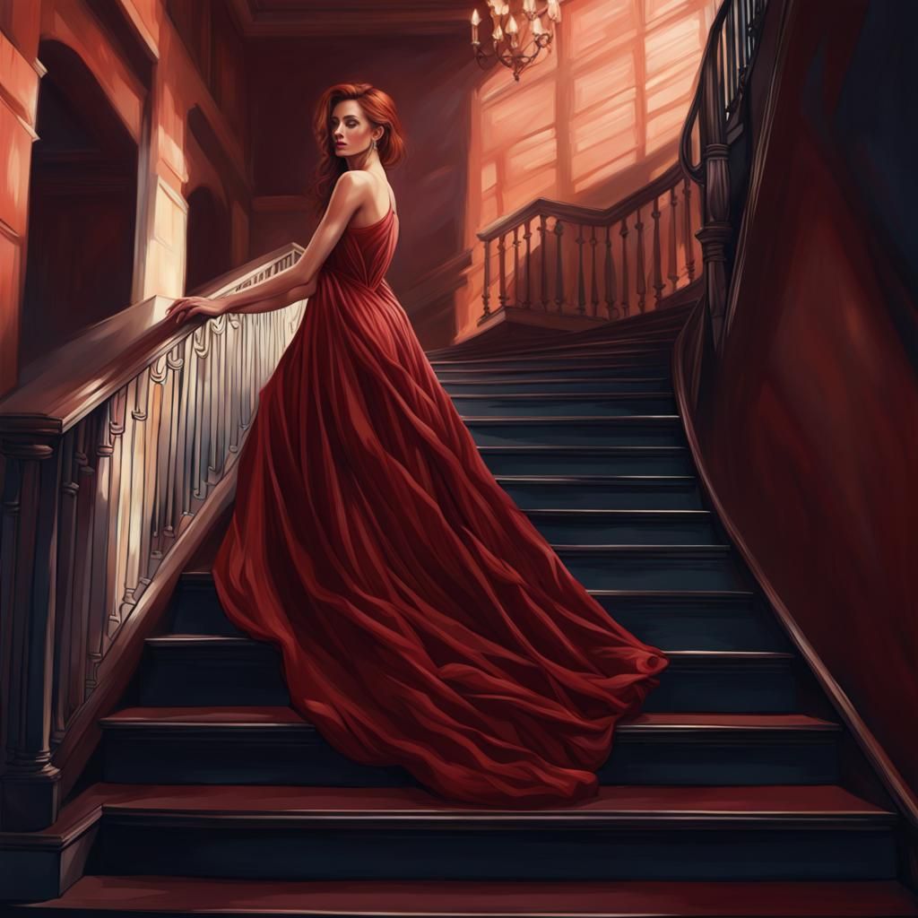 Dark Red-Haired Woman in Gown on Stairs