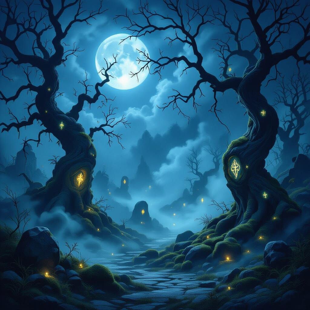 Mystical Moonlight Landscape with Swirling Mist and Glowing ...