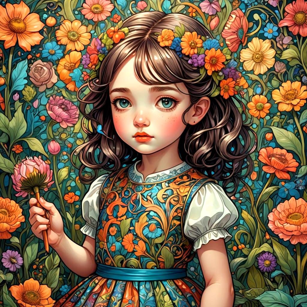 Beautiful Little Girl with Glossy Flowers, Digital Art