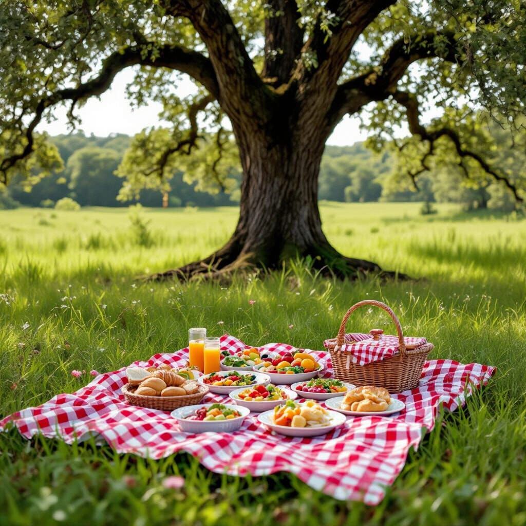 Hyperrealistic Picnic Under Mossy Oak Tree