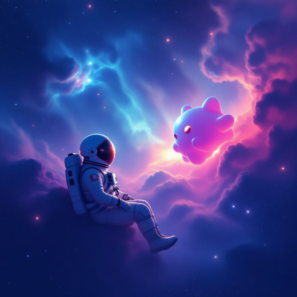 Astronaut Adrift in Nebula with Gummy Creature