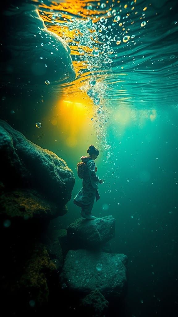 Surreal Geisha Dives into Bioluminescent Abyss