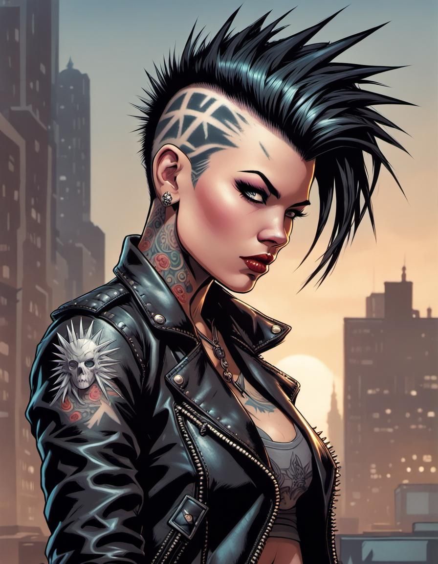 gorgeous tattooed female punk with a black mohawk with 3 spi...