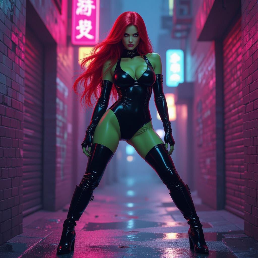 Cyberpunk She-Hulk in Neon Alleyway Digital Painting