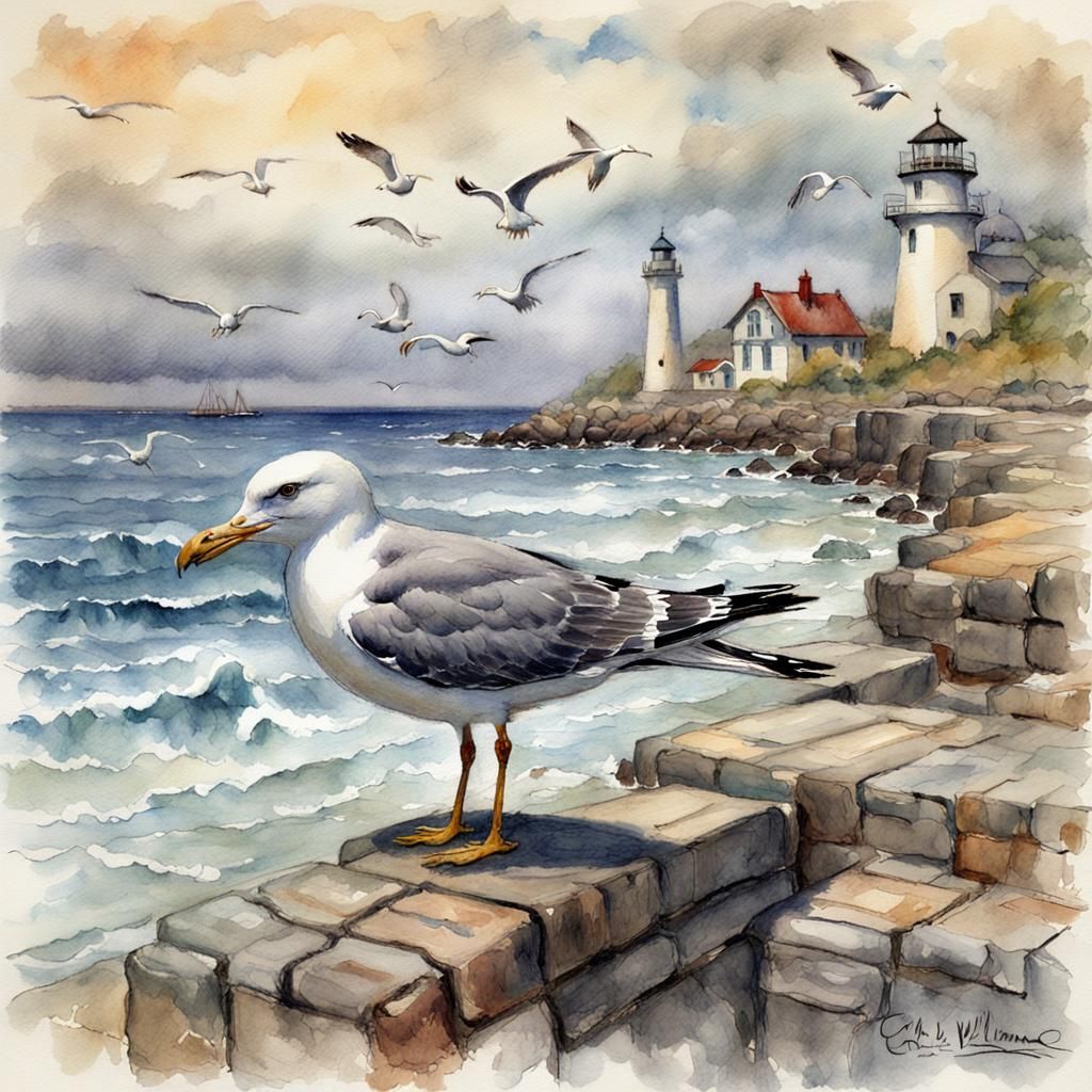 Seagulls in Summer: A Coastal Watercolor