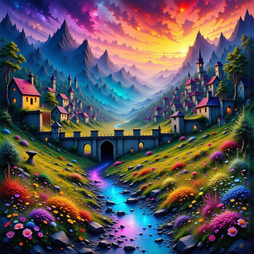 Medieval Town in Valley of Dreams at Sunset