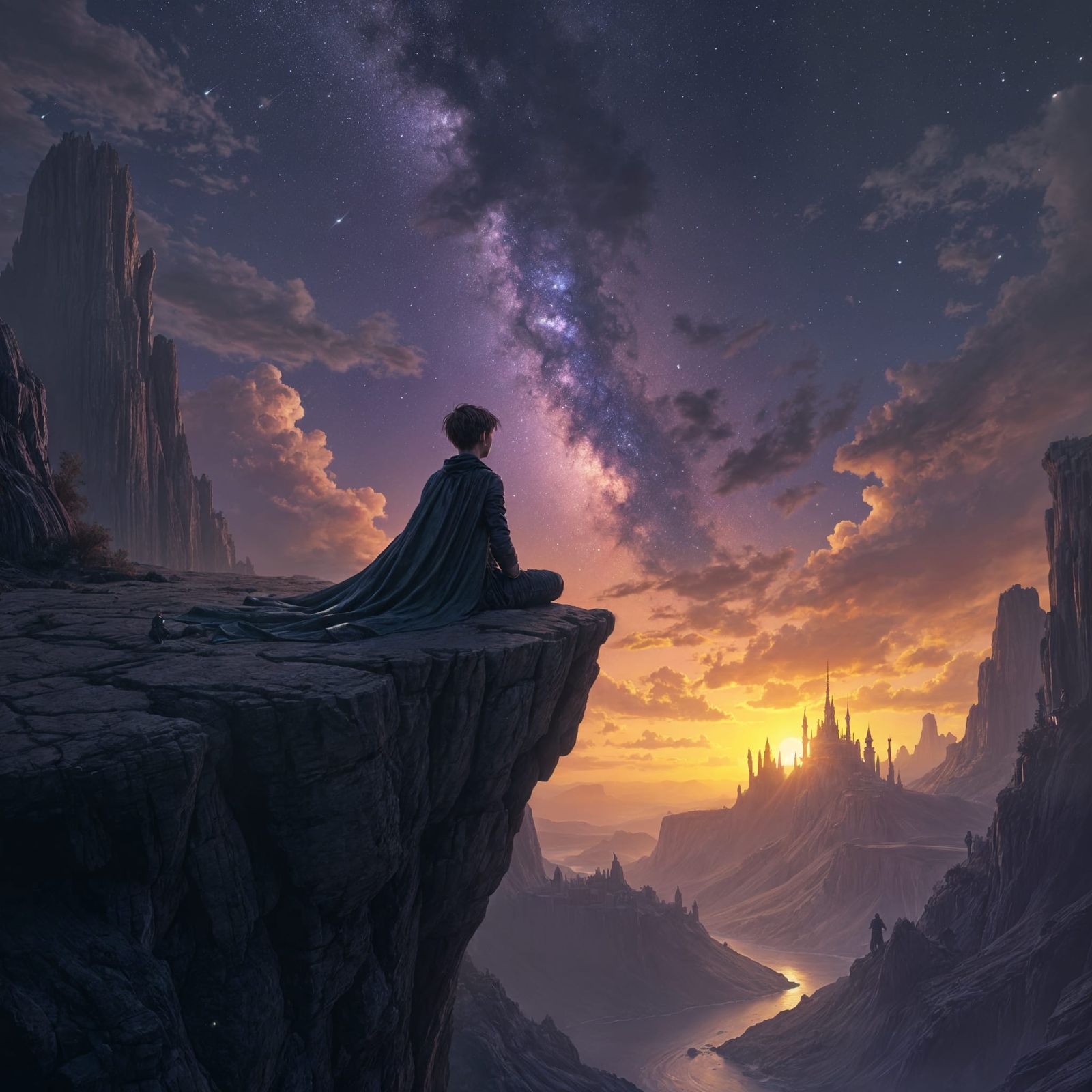 Boy Gazing at Stars over Medieval City in Dark Fantasy